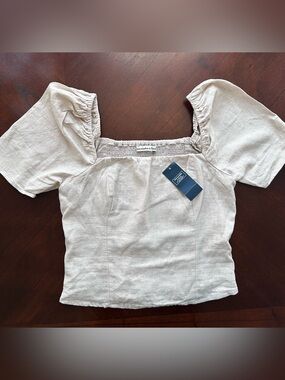 New Abercrombie & Fitch Cream Square-Neck Puff Sleeve Linen Top size s